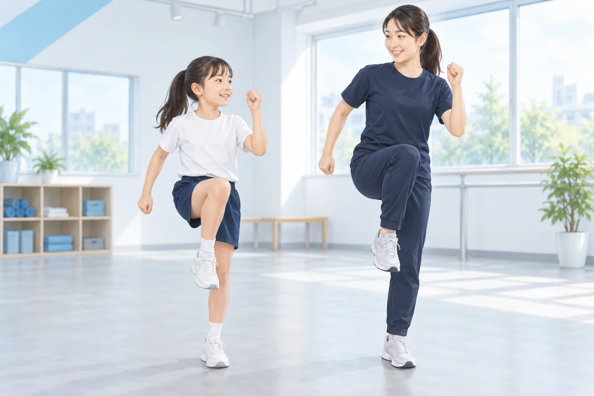 先生の動きを見て、腕と脚の動かし方を練習する女の子のイラスト