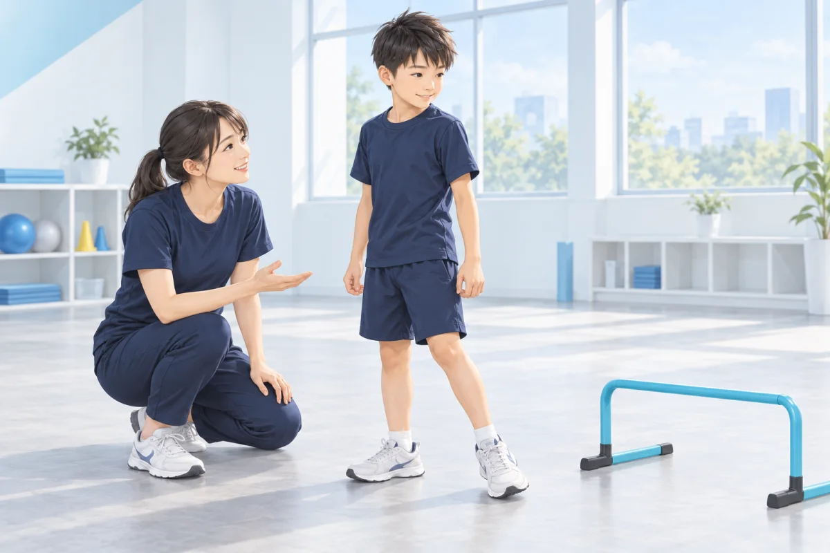 先生と話し、次の練習に気持ちを向ける男の子のイラスト