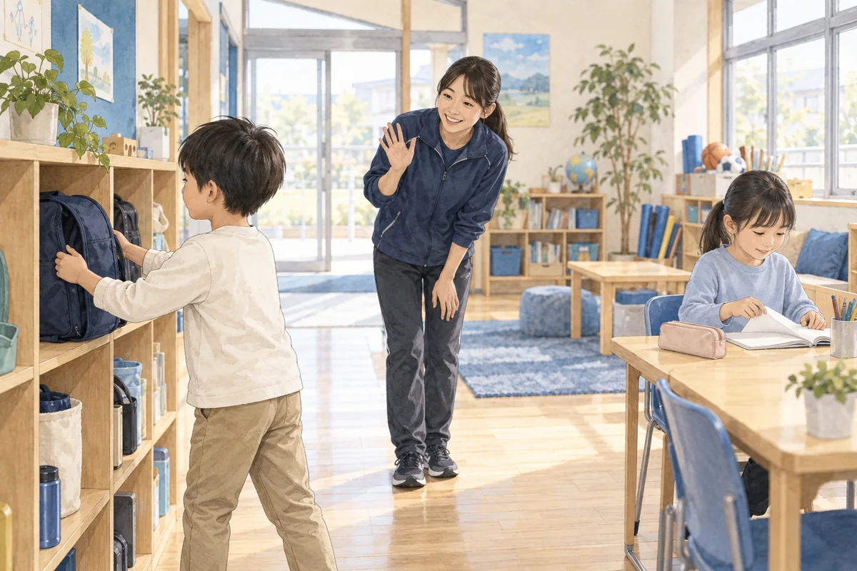到着して荷物を片づけ、学習の準備をする放課後のイラスト
