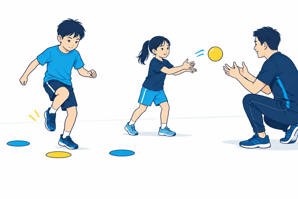 マーカーの間を歩く練習と、ボールを受け渡す練習を描いた説明イラスト