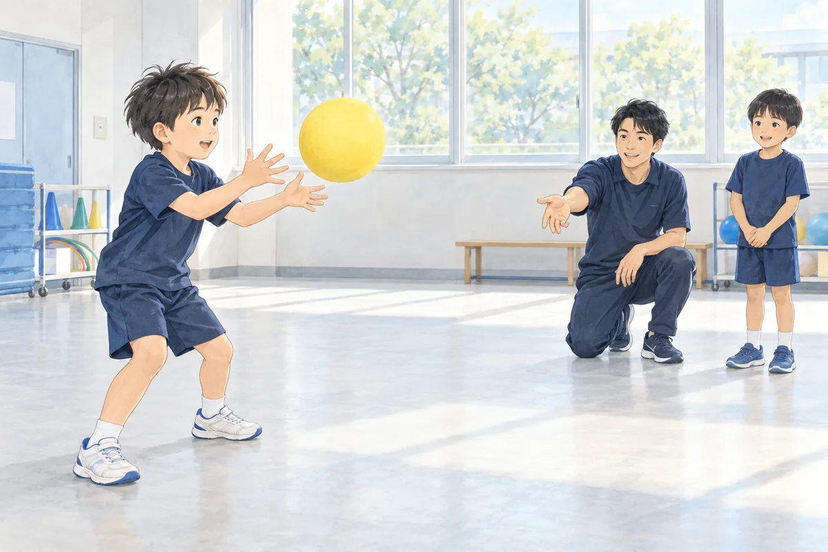 ボールを見ながら、受け止める動きを練習する子どもと指導者のイラスト