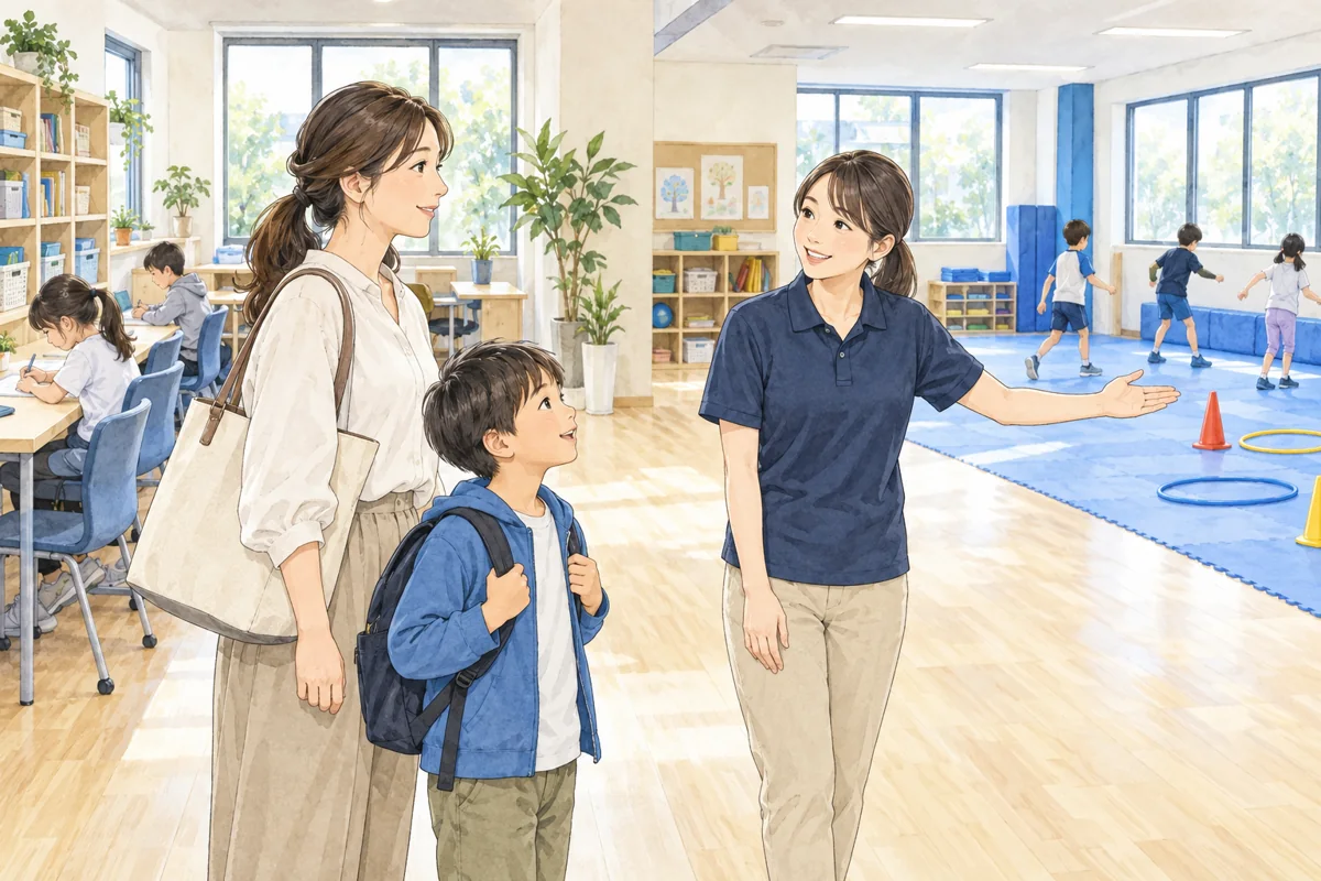 親子で学童の学習場所と運動場所を見学するイラスト