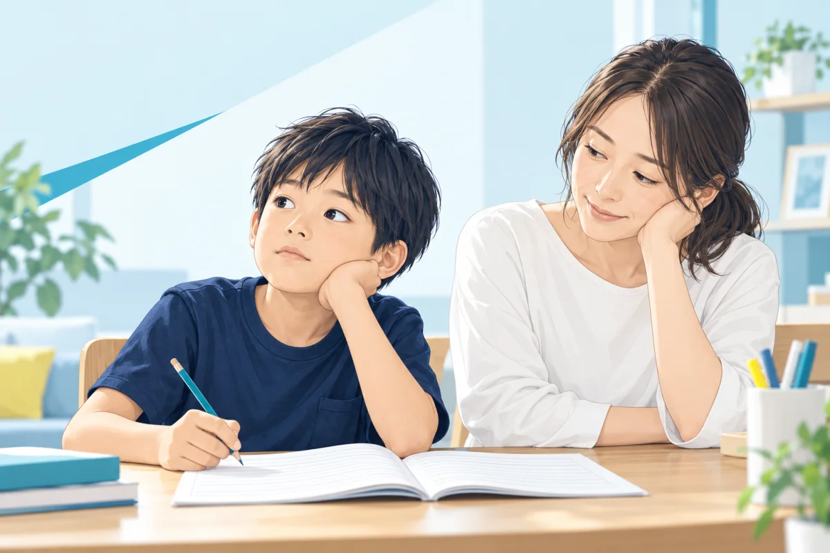 宿題の手が止まっている子どもと、隣で見守る保護者
