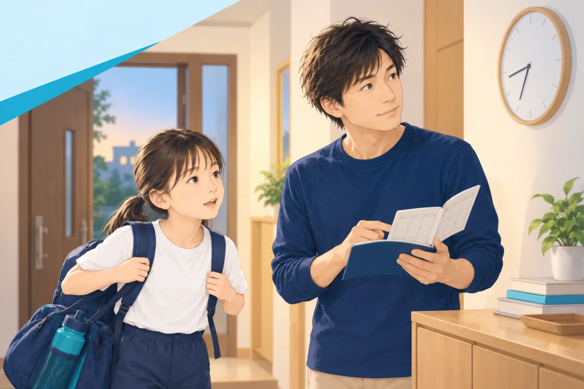 帰宅した子どもと、時計と予定表を見ながら放課後の時間を考える保護者
