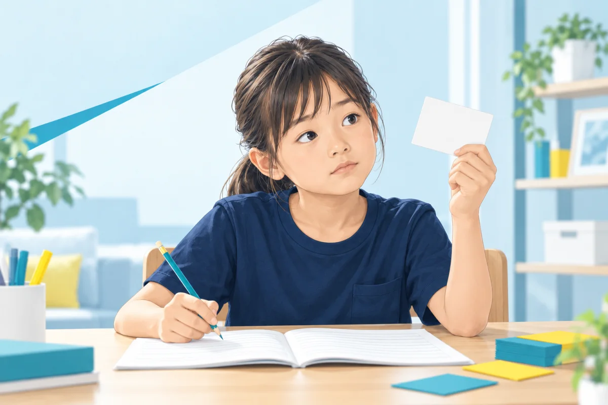 ノートを見ながら覚えたことを思い出そうとする子ども