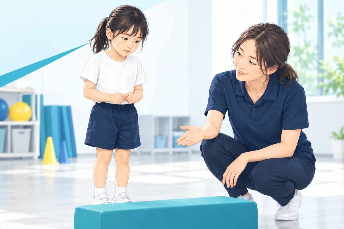 低い障害物の前で挑戦をためらう子どもに、目線を合わせて寄り添う先生