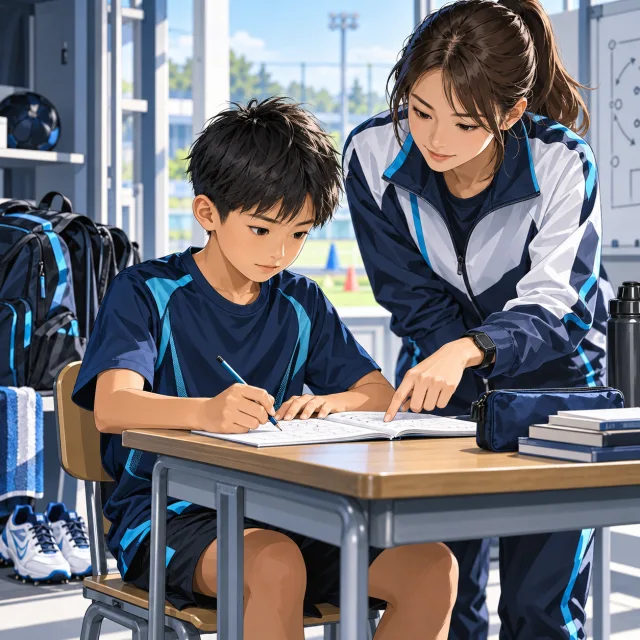 運動用具のある部屋で先生と学習に取り組む子どものイラスト