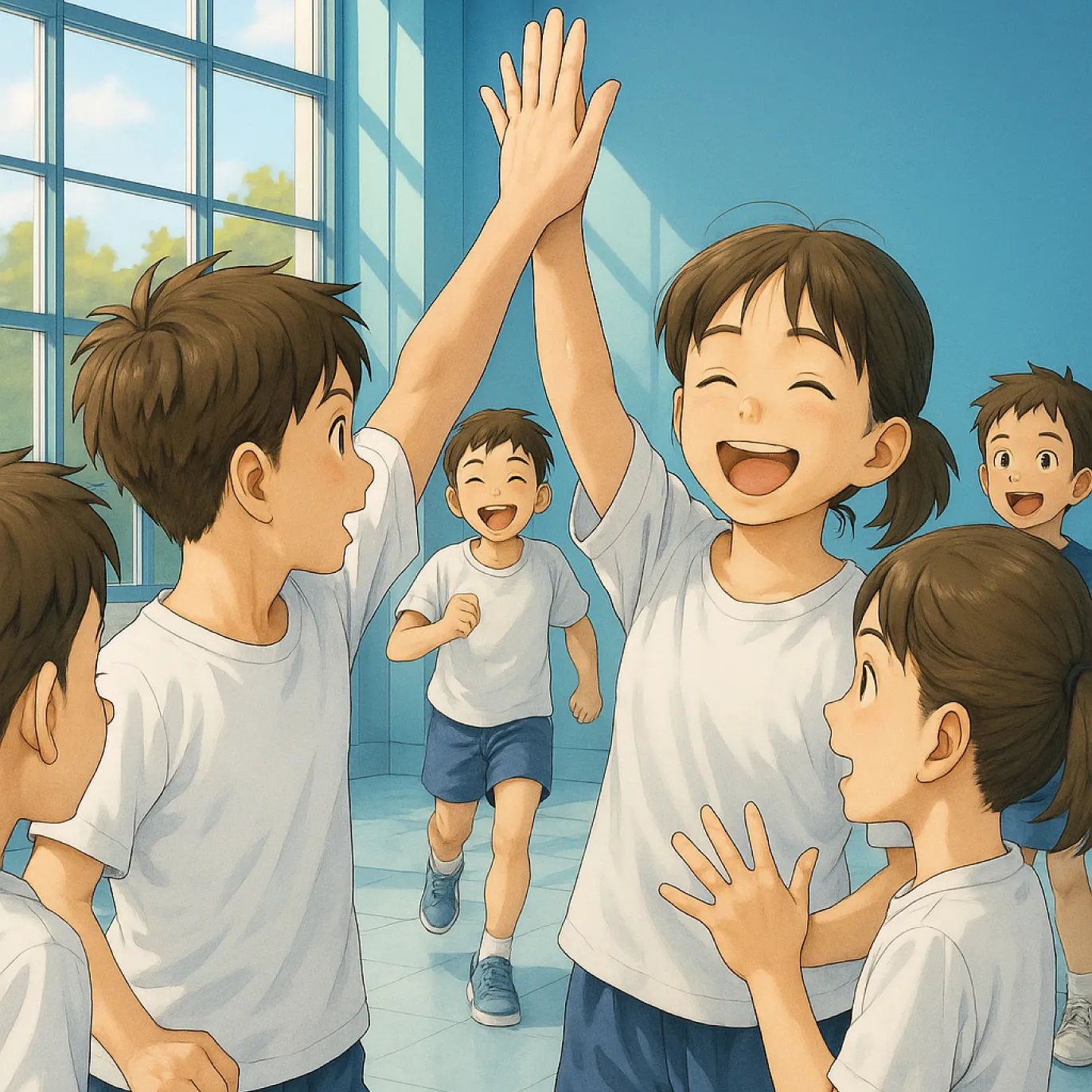 体育館で笑顔の子どもたちがボールを手にしている様子