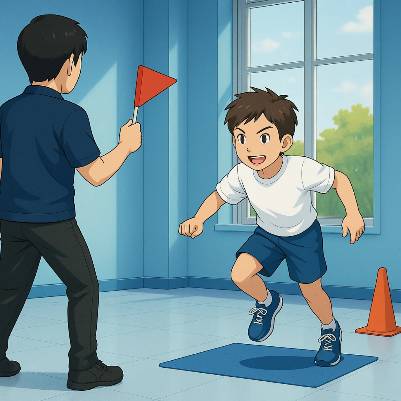 コーチの合図を見ながら運動に挑戦する子ども