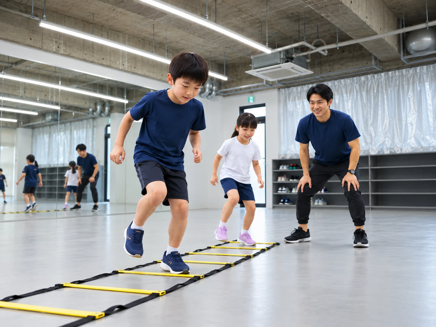 校舎の空間をもとにした、先生とラダートレーニングに取り組む子どもたちのイメージ